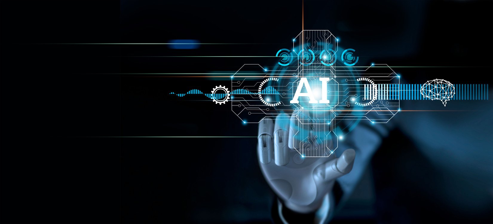 Hand of robot touching modern interface and AI word (Artificial intelligence), Connection technology and new era of innovation, Machine learning, AI, Technology and science.